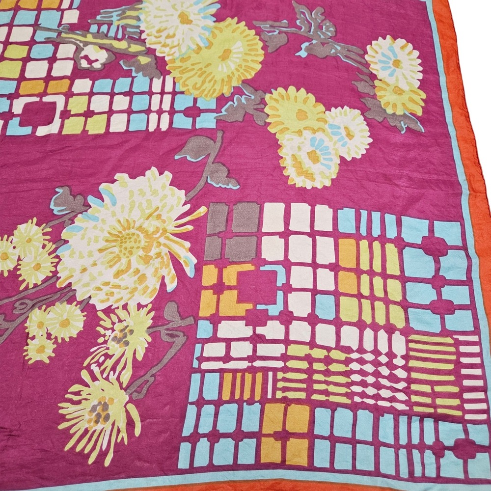 Vintage 60s Floral Geometric Scarf Women OS Magenta Orange Silk Hand Rolled Edge